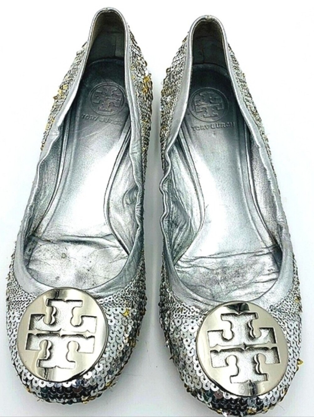 Tory Burch Reva Silver Sequins/Glitter Ballet Flats Shoes Size 8.5